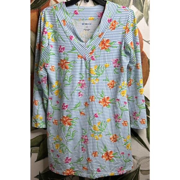 Ibkul Womens Medium Floral Striped Long Sleeve V Neck Dress Mesh Sleeves - Picture 1 of 5